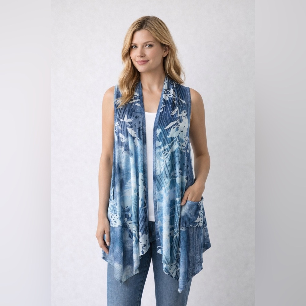 CATIVA blue sleeveless cardigan with pockets NWT